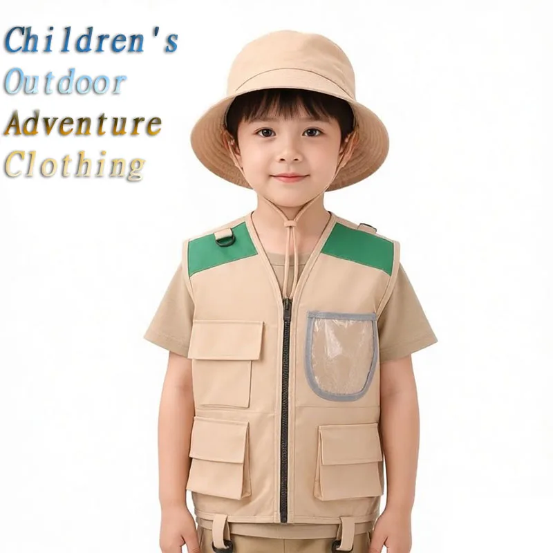 Outdoor Adventure Boys - 子供用ハロウィーンコスチューム、探検家風の帽子とベスト、変装ゲーム用、カーゴデザイン、子供向けアウトドアアドベンチャーキット、ベストと帽子、女の子と男の子向け。