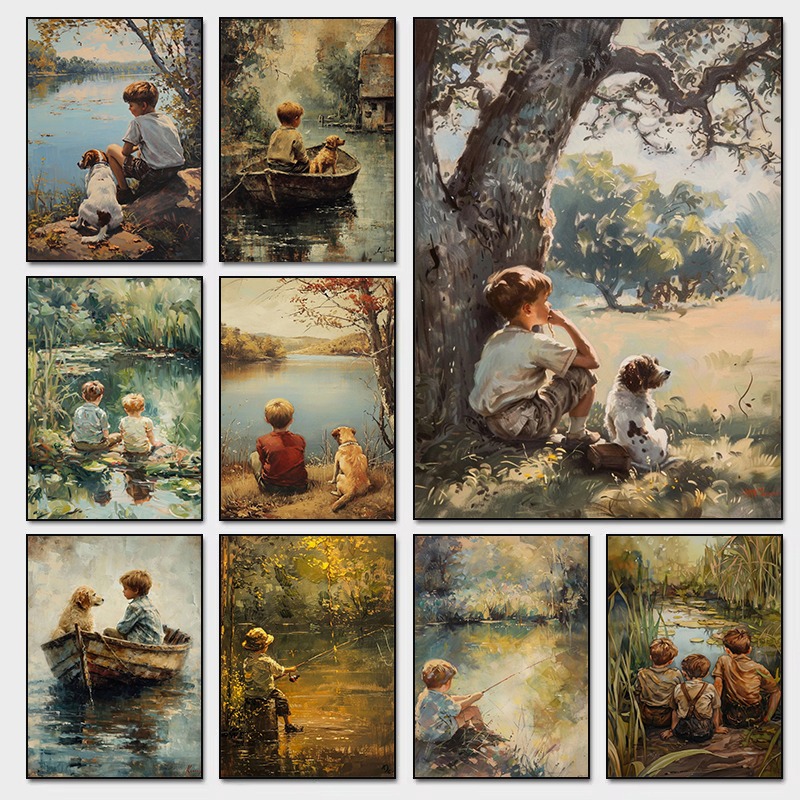 Outdoor Adventure Boys - ヴィンテージボーイズルームアートポスター少年と犬アウトドアアドベンチャー絵画アンティーク農家キャンバスプリント装飾子供の寝室の保育園